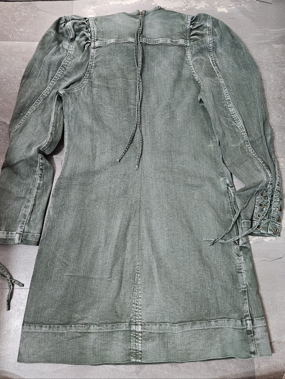 Ulla Johnson Washed Sage Green 3/4 Sleeve Denim Mini Dress with Lace-Up Cuffs - Picture 3 of 10
